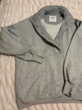 aerie Light Gray Oversized Snap-Placket Pullover Sweatshirt
